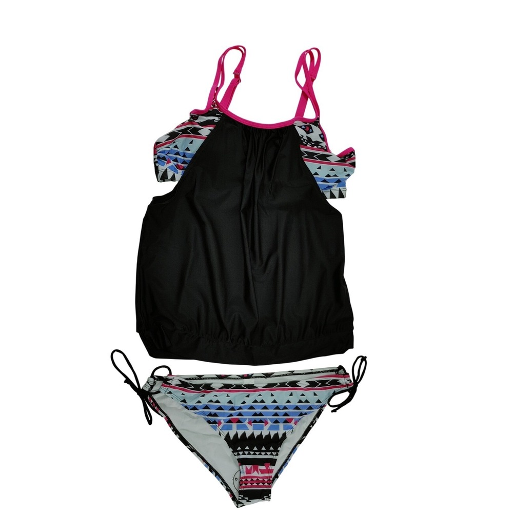 Womens Tankini Swimsuit Tribal Print Black Pink Blue XL NWOT